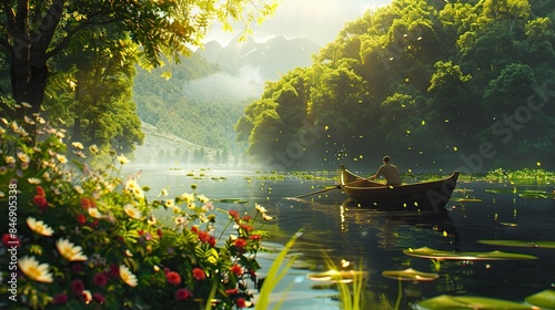 A tranquil scene of a man rowing a boat amidst a tranquil lake, surrounded by lush greenery and vibrant wildflowers. Isolated on a clean background