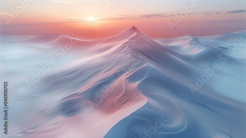 Aerial view of the desert, endless white sand dunes in winter, red and gray gradient colors on top of the sand mountains, huge waves rolling down under the sunset light. Generative AI.