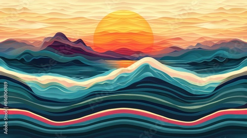 Mountain and ocean silhouette in abstract striped pattern