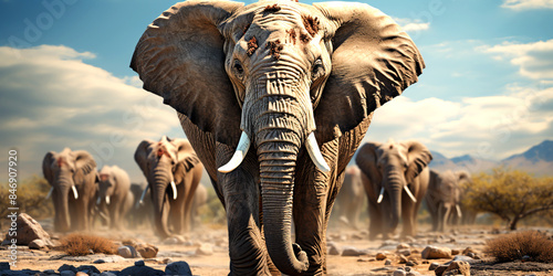 Herd of large African wild elephants in nature