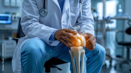 Orthopedic Doctor Examining a Knee Joint Model in Medical Office