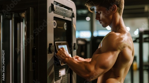 A muscular man uses the digital interface on a gym machine during his workout.