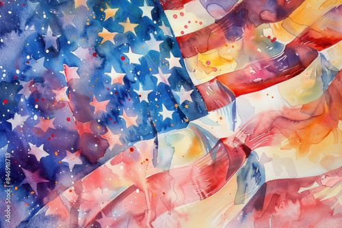 A vibrant watercolor painting of an American flag waving against colorful background. The dynamic composition and rich hues evoke a sense of patriotism, celebration, and artistic expression