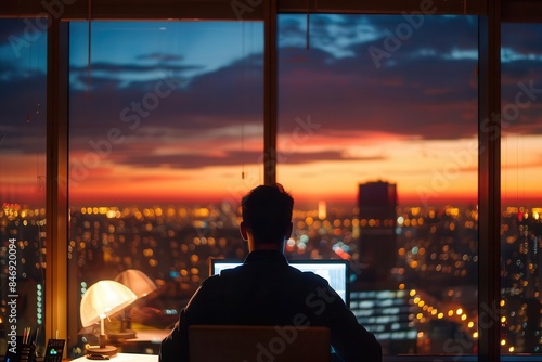 homme daffaires travaillant tard le soir dans un bureau moderne avec vue sur la ville photographie lifestyle
