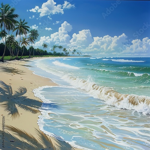 Tranquil beach scene with gentle waves and palms