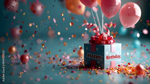 A vibrant birthday moment as a gift box is unwrapped, revealing a special card with the message "Happy Birthday," surrounded by balloons and festive confetti