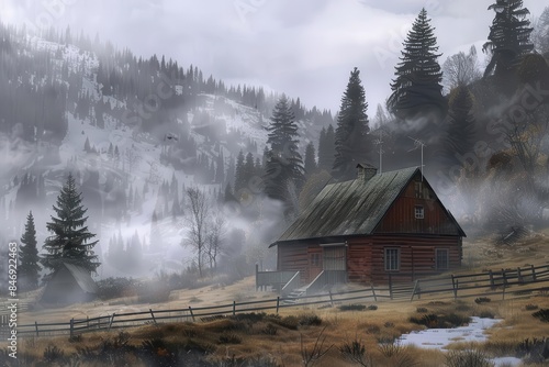 isolated mountain cabin shrouded in ethereal fog serene northern european countryside farm digital painting