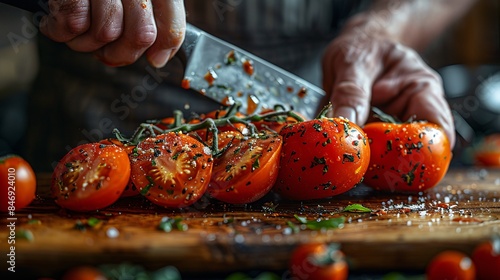 Close-up of a chef's hands slicing a juicy tomato with a sharp knife, with seeds and pulp visible, showcasing the preparation of farm-fresh ingredients for culinary delights during British Tomato