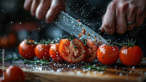 Close-up of a chef's hands slicing a juicy tomato with a sharp knife, with seeds and pulp visible, showcasing the preparation of farm-fresh ingredients for culinary delights during British Tomato