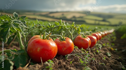 Outdoor scene of tomatoes ripening on the vine under the warm sun, with a backdrop of rolling hills, capturing the idyllic countryside setting of British Tomato Fortnight festivals