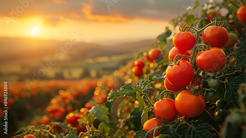 Outdoor scene of tomatoes ripening on the vine under the warm sun, with a backdrop of rolling hills, capturing the idyllic countryside setting of British Tomato Fortnight festivals