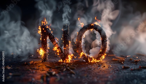 3D text "NO" made of burning cigarette with smoke on a dark background, in a closeup view