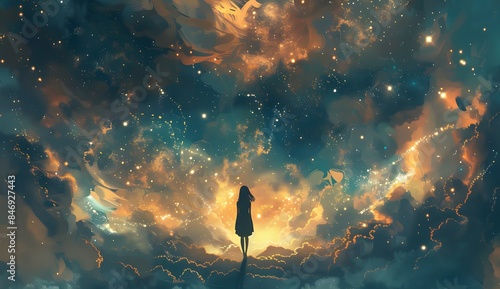 Girl stands on the edge of an endless abyss, surrounded by swirling clouds and twinkling stars. The sky is painted with hues of blue and gold