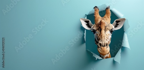 Giraffe head through a wall. A giraffe sticking its head through a torn hole in a blue background with copy space. Surprising encounter banner.