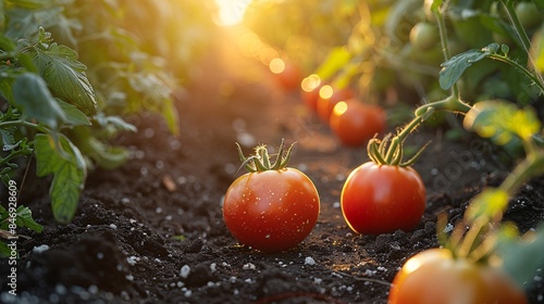 Scene of a vegetable garden with tomatoes growing on the vine, captured in the golden hour light, perfect for British Tomato Fortnight festivals promotion