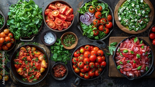 British Tomato Fortnight festivals theme with a flat lay of various tomato dishes, showcasing the versatility and culinary potential of fresh tomatoes