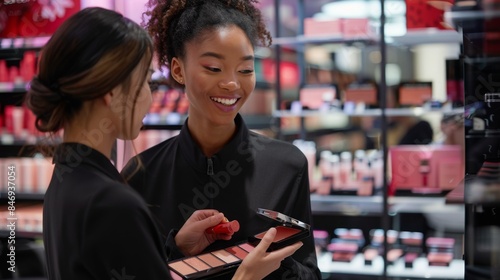 A beauty consultant shows a customer a makeup palette in a retail store. The consultant is smiling and pointing to the palette. The customer is looking at the palette and smiling.