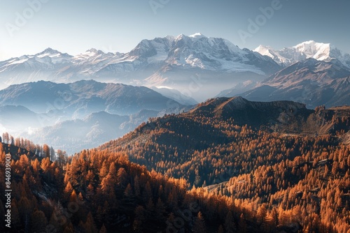 with dark brown and orange larch trees on mountain slopes