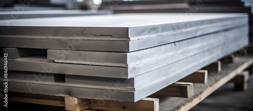 Metal plates piled on a pallet in close-up. Precast reinforced concrete slabs in production at a workshop in a house building factory. with copy space image. Place for adding text or design