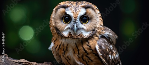 Medium-sized tawny owl with distinctive facial markings resembling eyebrows, found in European woodlands. with copy space image. Place for adding text or design