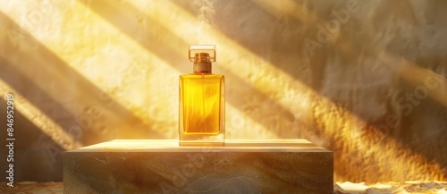 Product photography of perfume bottle on podium, golden background