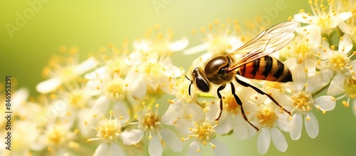 Bee resting on a meadowsweet flower, commonly known as Filipendula ulmaria, under the sun's glow. with copy space image. Place for adding text or design