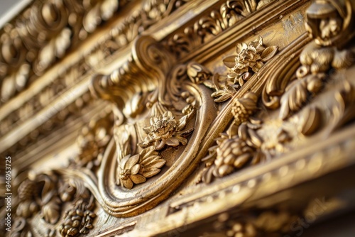 Closeup of an intricate wooden carving with floral patterns in warm lighting