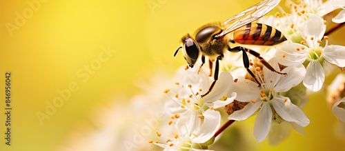 Bee resting on a blooming flower while a Sun fly Helophilus pendulus hovers over a meadowsweet Filipendula ulmaria. with copy space image. Place for adding text or design