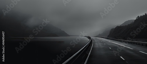 A bird strolls along a highway while the surrounding scenery features moody monochrome tones in the roads and water. with copy space image. Place for adding text or design