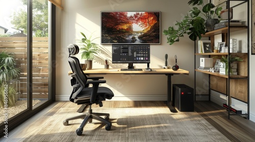 A home office setup with ergonomic furniture and modern technology for remote work