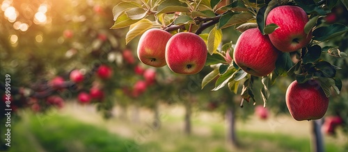 Red apples hanging from tree branches in a sunny orchard, showcasing the natural beauty of ripe fruits. with copy space image. Place for adding text or design