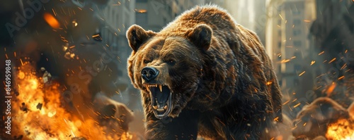 Roaring bear in a bustling stock exchange, capturing the essence of market panic and bearish trends, traders in action