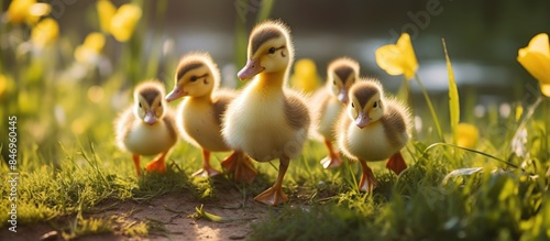 Young ducklings stroll on green grass under the warm sun in a coop. with copy space image. Place for adding text or design