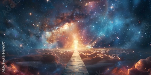 The Celestial Pathway A Heavenly Gate of Light. Concept Light Pathway, Celestial Gates, Heavenly Entrance, Spiritual Journey, Divine Illumination