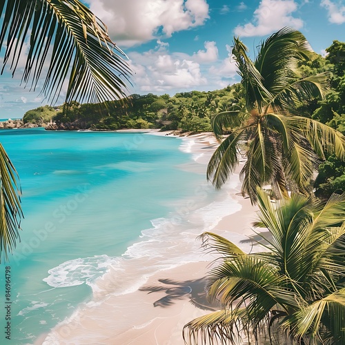Tropical beach with turquoise waters and swaying palms