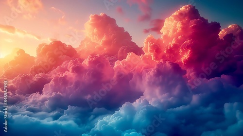 A beautiful seascape of pink clouds. The clouds are soft and fluffy, and the sky is a deep blue. The sun is setting, and its rays are casting a golden glow over the scene.