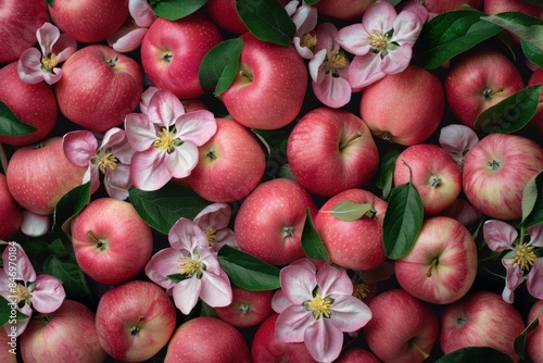 Vibrant topdown image featuring ripe apples intermixed with delicate pink apple blossoms