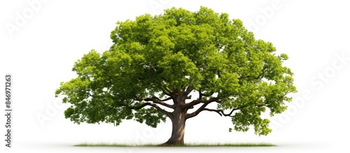 An isolated oak tree displaying lush green foliage on a clean white backdrop. with copy space image. Place for adding text or design