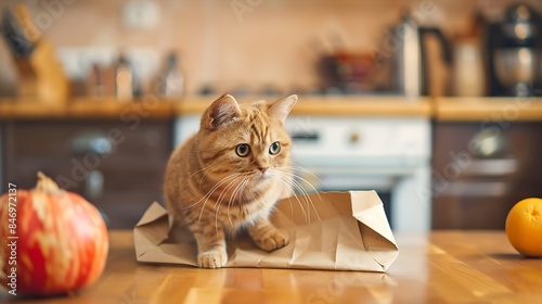 Domestic life with pet Naughty cat looking into paper shopping bag Curious cat alone at home kitchen : Generative AI