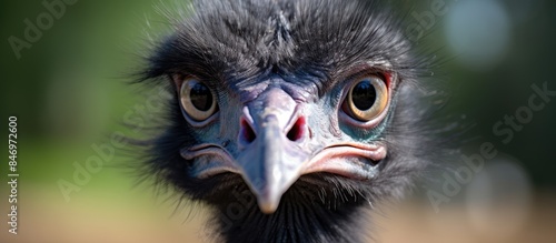 Majestic portrait of a close-up with a black ostrich displaying its remarkable and distinctive features, including the prominent elongation of its beak and neck. with copy space image