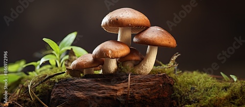 Mushrooms growing on a wooden log covered with green moss against a dark background. with copy space image. Place for adding text or design