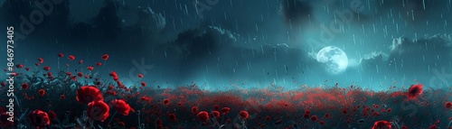 Red flowers in a field under a moonlit rainy sky, moody, dark tones, digital art 8K , high-resolution, ultra HD,up32K HD