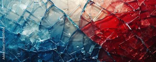 Abstract image of shattered glass with blue, white, and red colors blending to create a visually striking composition.