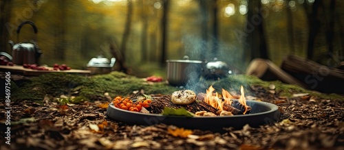 Preparing a meal outdoors in the forest during autumn, relaxing by the campfire. with copy space image. Place for adding text or design