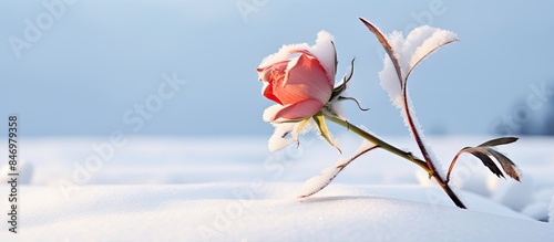 Wild rose stem surrounded by winter snow in a close-up view. with copy space image. Place for adding text or design