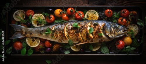 Roasted trout with a colorful assortment of vegetables and fresh herbs on a baking tray. with copy space image. Place for adding text or design