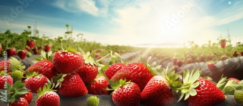 Organic strawberry fields with ripe fruits spread out on a rustic wooden table in a picturesque countryside setting. with copy space image. Place for adding text or design