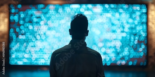 Man standing in front of a large screen displaying COPYRIGHT VIOLATION message. Concept Cybersecurity, Copyright Infringement, Personal Data Protection