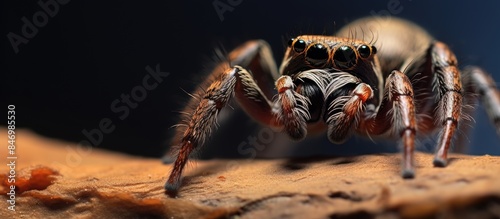 A detailed close-up of a spider on a rock, highlighted against a vivid blue background. with copy space image. Place for adding text or design