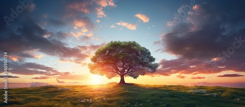Sunset casts golden glow behind a lone tree standing on a picturesque hill covered in lush green grass. with copy space image. Place for adding text or design
